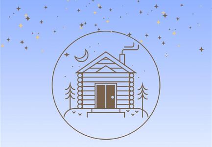 Eine gemütliche Holzhütte umgeben von Bäumen und Sternen. Einladung zum Adventsfest am 6. Dezember.
