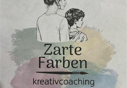 Eine skizzierte Darstellung einer Frau und eines Jungen. Darunter steht "Zarte Farben - kreativcoaching im atelier".