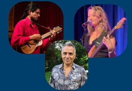 Three musicians are seen in a collage. They play various instruments and display a vibrant atmosphere.