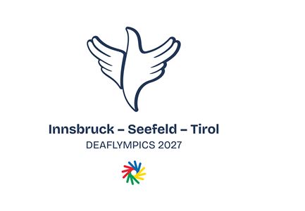Logo der Deaflympics 2027 in Innsbruck und Seefeld, Tirol. Es zeigt eine stilisierte Hand mit Flügeln und bunte Farbsymbole.