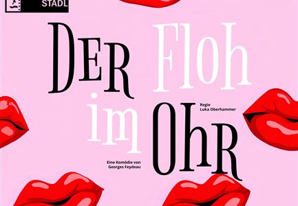 A colorful poster for the play "The Flea in the Ear". It features red lips on a pink background with the title of the play in large letters.
