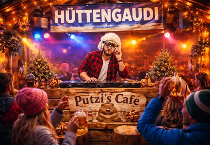 Ein DJ steht an einem festlich geschmückten Stand mit dem Namen "Putzi's Café". Besucher heben ihre Gläser und genießen die stimmungsvolle Atmosphäre.