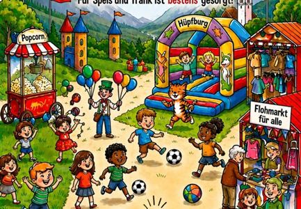 Ein fröhliches Kinderfest mit verschiedenen Ständen, Spielen und Attraktionen. Menschen feiern gemeinsam mit Musik und Aktivitäten im Freien.