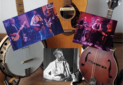 A collection of musical instruments, including a guitar, a banjo, and a mandolin. Several photographs of musicians performing are arranged around the instruments.