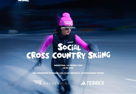 Eine Frau in sportlicher Kleidung läuft beim Langlauf. Der Hintergrund ist verschwommen, was Bewegung vermittelt, und es gibt Informationen zu einer Veranstaltung in Seefeld.