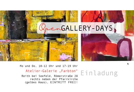 Einladungsflyer zu den Open Gallery Days in der Atelier-Galerie „Farbton“. Die Galerie hat täglich von 10-12 Uhr und 17-19 Uhr geöffnet.