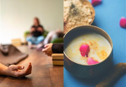 Ein entspannender Raum mit Menschen, die meditieren. Auf der anderen Seite eine Schale mit duftendem Getränk und Rosenblättern.