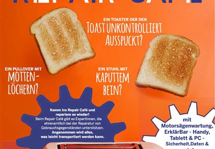 Un annuncio pubblicitario colorato per un Café di riparazione mostra due fette di toast accanto a un tostapane. Il testo parla di vari oggetti danneggiati e invita a ripararli.
