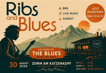A colorful poster for an event called "Ribs and Blues". It showcases a relaxed atmosphere with live music, BBQ, and a beautiful sunset in the mountains.