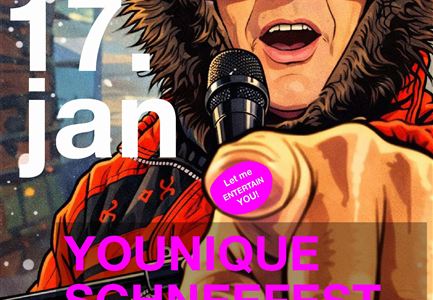 Ein buntes Plakat für das "Younique Schneefest" am 17. Januar. Es zeigt einen fröhlichen Entertainer mit Brille in einem winterlichen Rahmen.