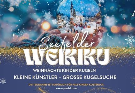 Ein festliches Plakat für das Seefelder Weihnachtsereignis. Es zeigt eine winterliche Szene mit Schneeflocken und Kugeln, die zur Teilnahme für Kinder einlädt.