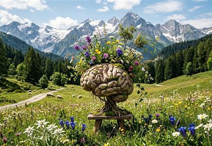 Eine kreative Darstellung eines menschlichen Gehirns, das mit bunten Blumen dekoriert ist. Im Hintergrund erstrecken sich majestätische Berge und üppige Wiesen.
