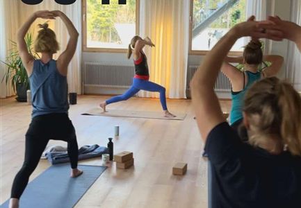 A group of women is doing yoga in a bright room. The room has large windows and is equipped with mats and accessories.