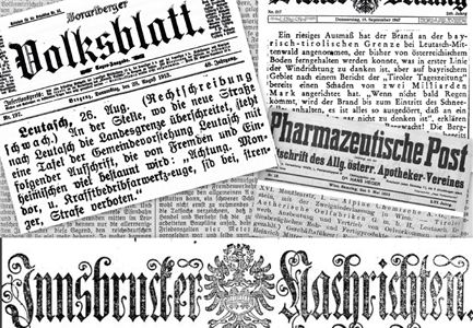 Eine Sammlung historischer Zeitungsüberschriften aus verschiedenen Regionen. Die Zeitungen sind in alter Schrift verfasst und vermitteln einen Eindruck vergangener Nachrichten.