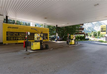 A gas station with two fuel pumps and a large advertising sign. In the background, trees and mountains are visible.