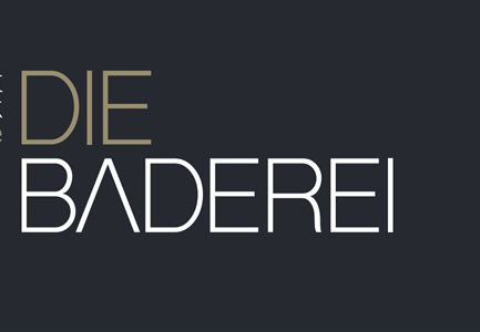 A modern logo featuring the text "DIE BADEREI". The words "eat", "drink", and "smile" are creatively arranged.