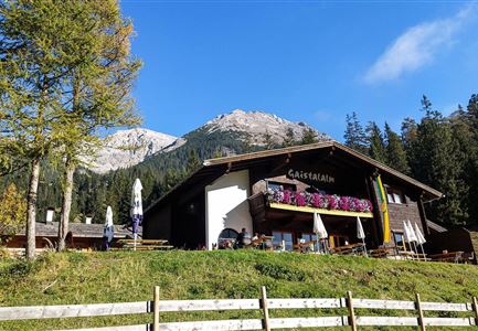 Eine gemütliche Berghütte umgeben von Bäumen und Bergen. Der Außenbereich ist mit Tischen und Sonnenschirmen ausgestattet.