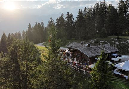 Eine gemütliche Almhütte umgeben von hohen Tannen. Sonnenschein und eine entspannte Atmosphäre laden zum Verweilen ein.