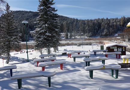 Ein schneebedeckter Außenbereich mit bunten Tischen und Bänken. Im Hintergrund sieht man schneebedeckte Bäume und einen ruhigen See.