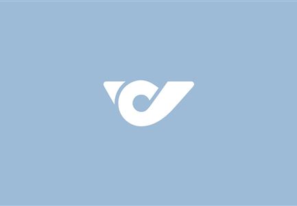 Ein einfaches, modernes Logo in weiß auf blauem Hintergrund. Das Design wirkt klar und einladend.