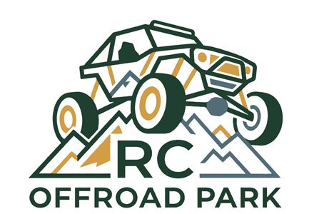 Ein Logo für einen Offroad-Park mit einem RC-Fahrzeug, das über Berge springt. Der Text zeigt den Namen "RC OFFROAD PARK SEEFELD".