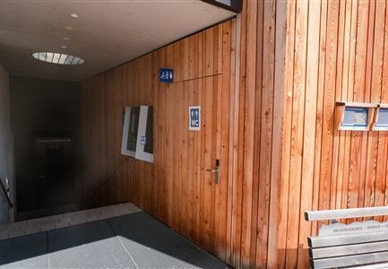 A wooden staircase with an entrance door to a toilet. On the wall, toilet symbols and a window are visible.