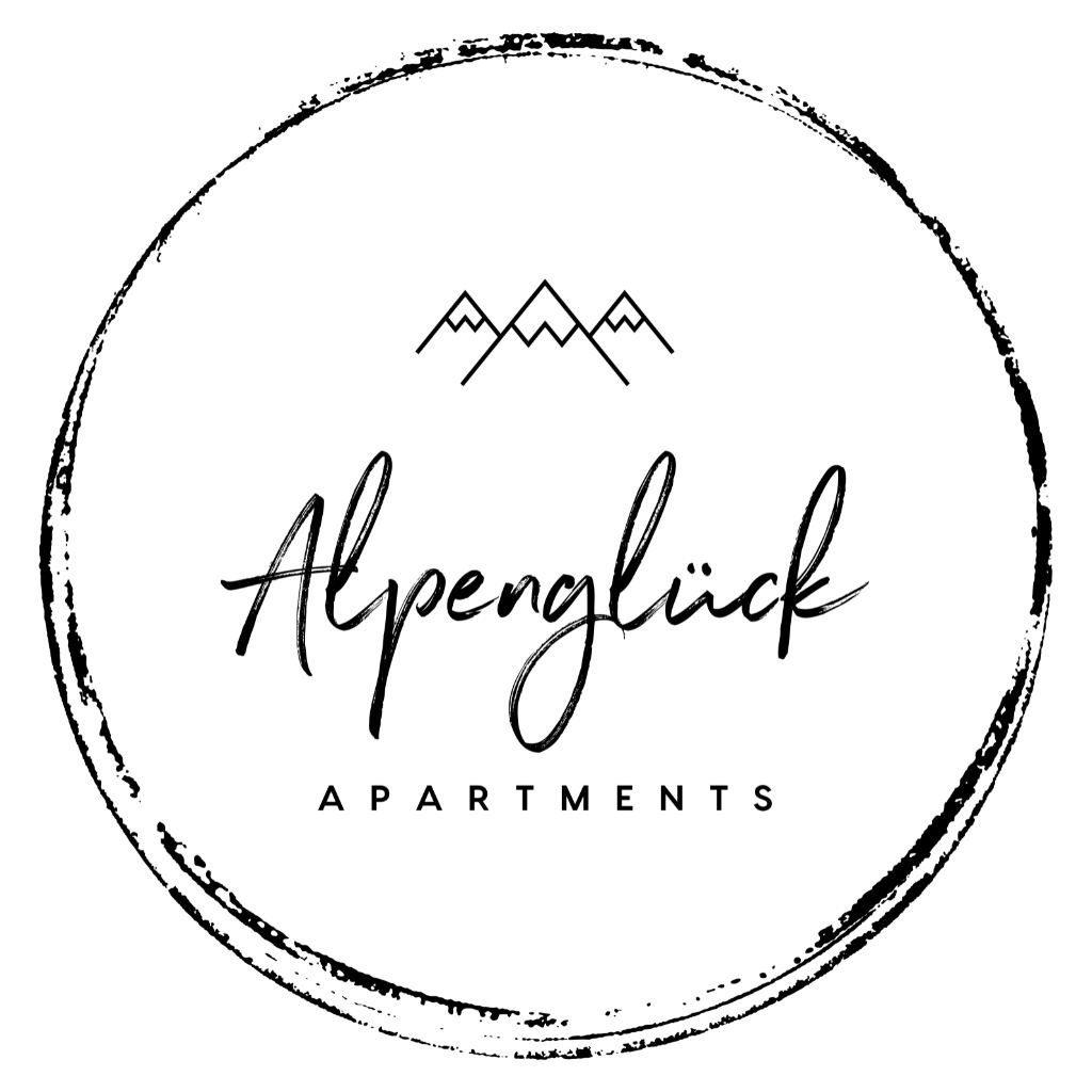 Een eenvoudig logo voor de Alpenglück Apartments. Het laat een gestileerde bergsilhouet zien en de tekst in een elegante lettertype.