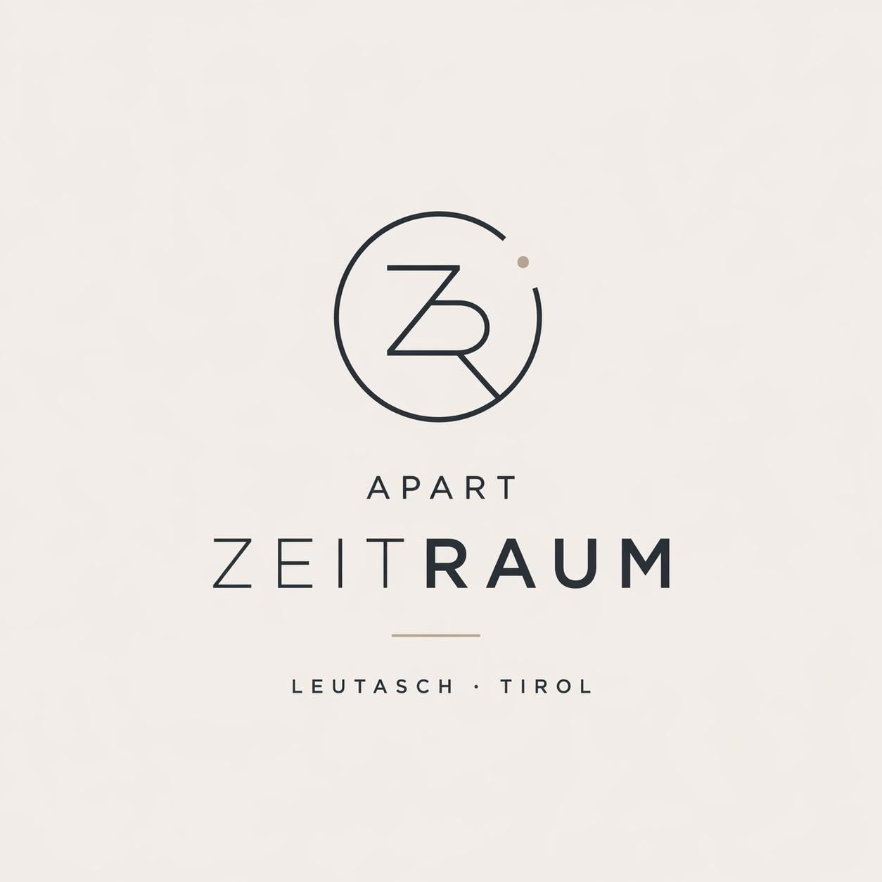 Een eenvoudig en elegant logo voor "Apart ZeitRaum" in Leutasch, Tirol. De kleuren zijn licht en modern, wat een gevoel van rust en stijl oproept.