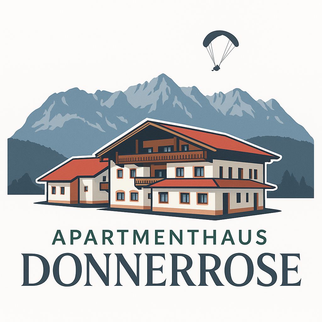 Ein stilvolles Apartmenthaus mit mehreren Etagen und einem roten Dach. Im Hintergrund erheben sich beeindruckende Berge und ein Gleitschirm fliegt darüber hinweg.