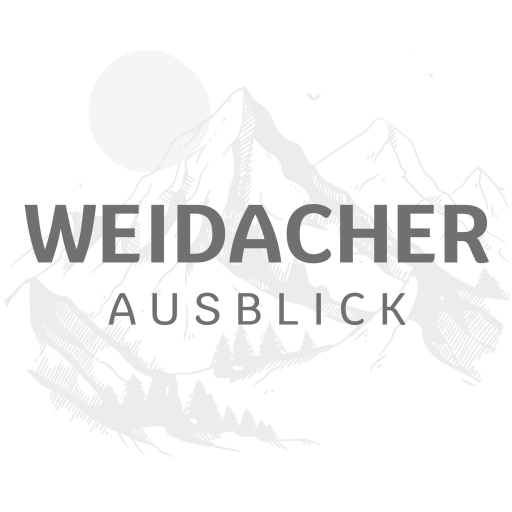 A simple, graphic logo with the text "WEIDACHER AUSBLICK". In the background, stylized mountains and a sun circle can be seen.