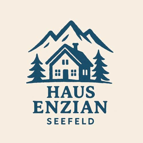 Ein stilisiertes Logo eines Hauses mit Tannenbäumen und Bergen im Hintergrund. Der Text "HAUS ENZIAN SEEFELD" ist gut lesbar.