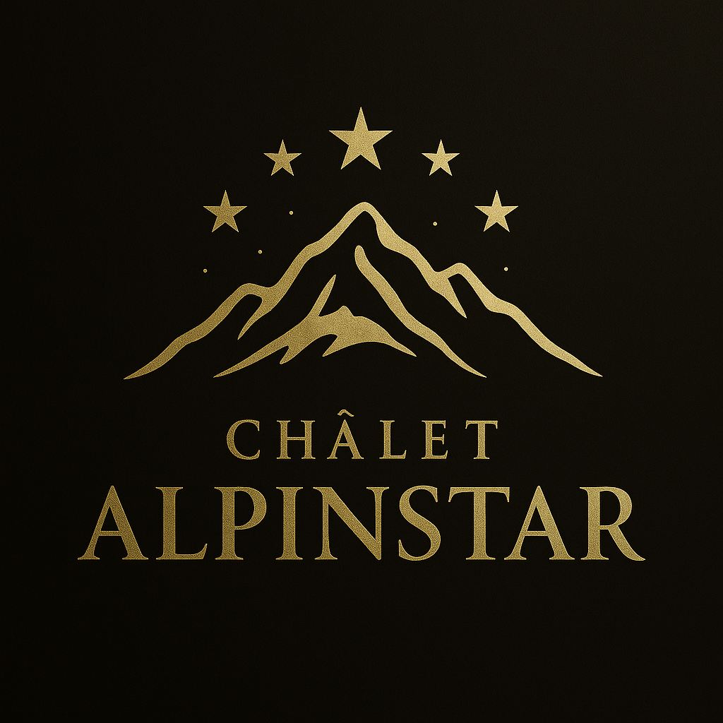 Ein elegantes Logo mit dem Namen "Châlet Alpinstar". Es zeigt stilisierte Berge und Sterne in goldener Farbe auf einem schwarzen Hintergrund.