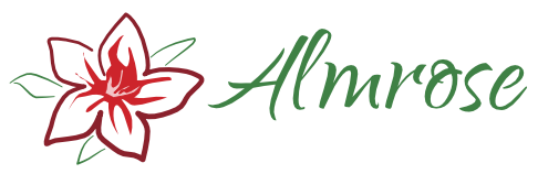 A creative logo featuring a stylized flower in red and green lettering. The text displays the name "Almrose".