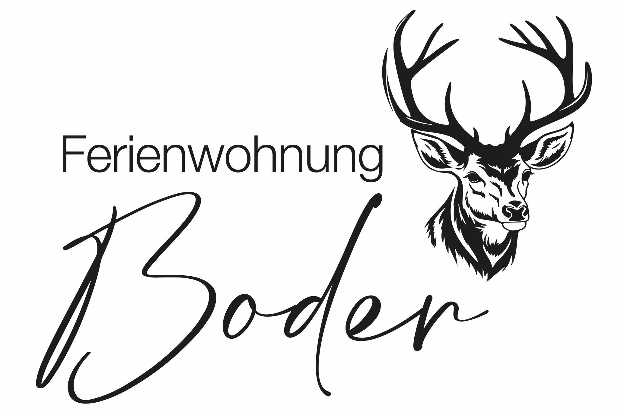 Een gestileerd logo met een hertenkop en de tekst "Ferienwohnung Bodor". Het ontwerp is eenvoudig en modern.