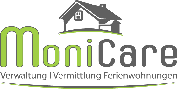 Een logo van MoniCare dat een afbeelding van een huis toont. De tekst benadrukt het beheer en de bemiddeling van vakantiehuizen.