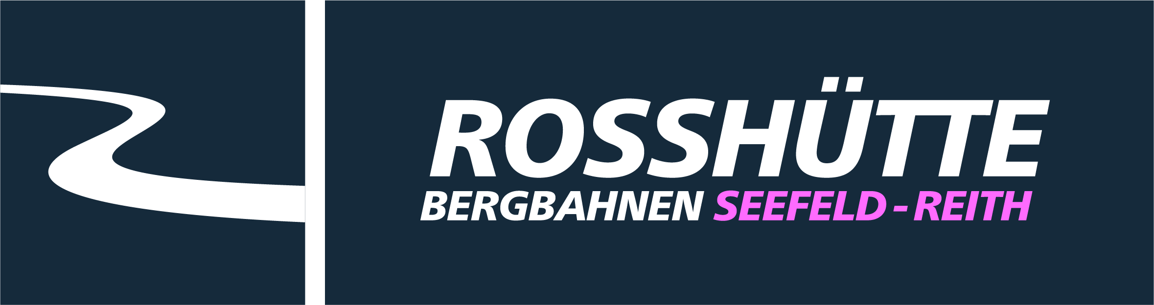 Een logo van de Ross-Hütte met de tekst "Bergbahnen Seefeld-Reith". Het toont een modern lettertype op een donkere achtergrond.