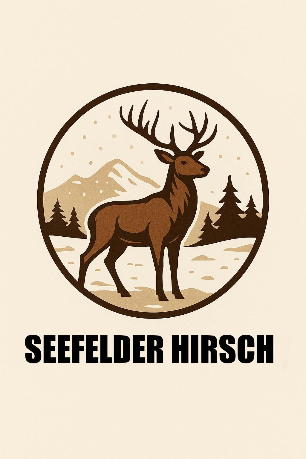 Un cervo stilizzato si trova di fronte a un paesaggio montano. Sotto c'è il testo "SEEFELDER HIRSCH".