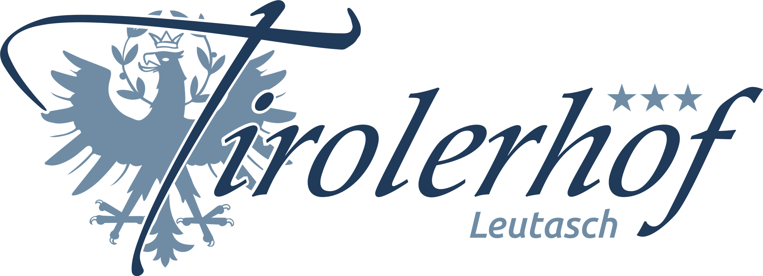 Ein Logo des Tirolerhofs in Leutasch. Es zeigt einen stilisierten Adler und den Namen des Hotels in eleganter Schrift.
