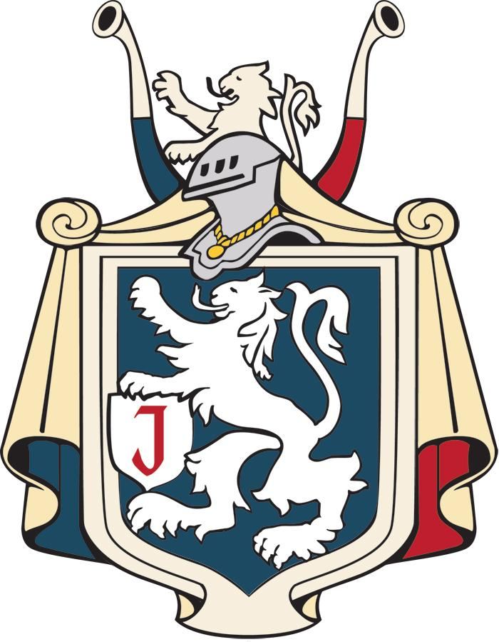 Ein Wappen mit einem Löwen und einem Ritterhelm. Es enthält die Buchstaben "J" und ist von dekorativen Elementen umgeben.