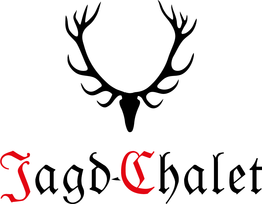 Een gestileerd logo met een gewei en de tekst "Jagd-Chalet". De kleuren zijn zwart en rood.