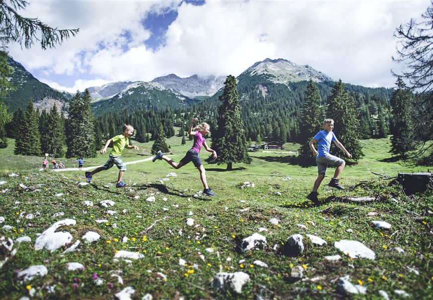 Drei Kinder spielen und laufen auf einer grünen Wiese in den Bergen. Im Hintergrund sind hohe Bäume und Berge sichtbar.