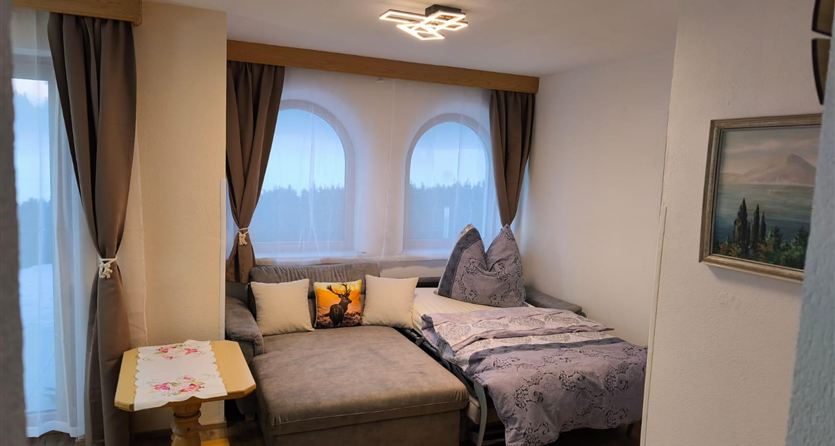 Een gezellige kamer met een slaapbank en een kleine tafel. Heldere ramen en decoratieve gordijnen creëren een uitnodigende sfeer.