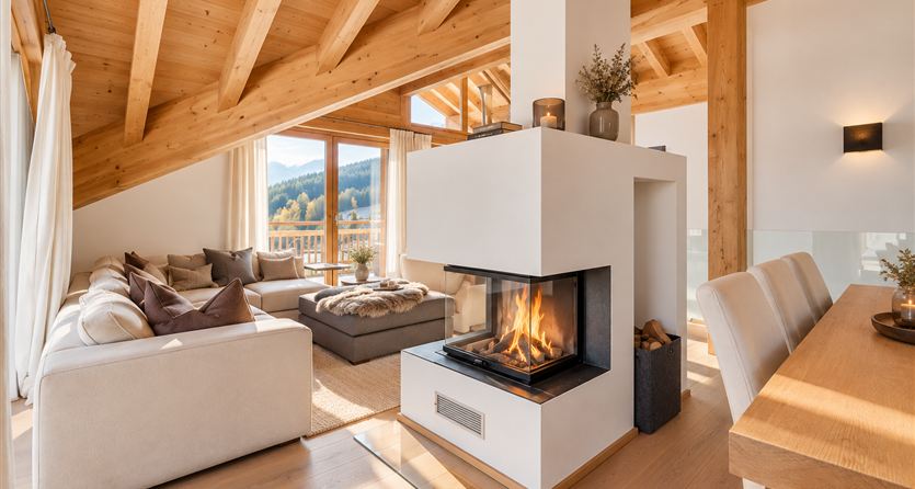 Un soggiorno elegante con soffitto in legno e camino moderno.  
Grandi finestre offrono una bella vista sulla natura.