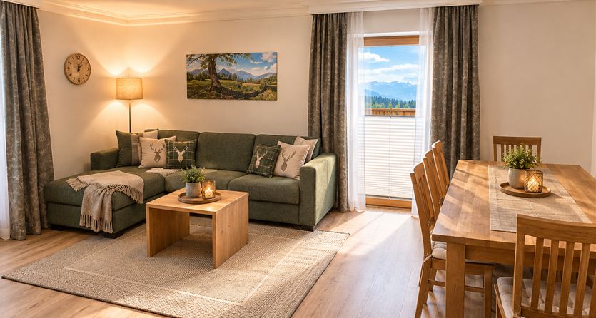 A cozy living space with a green couch, a wooden table, and chairs. Large windows let in plenty of light and offer a view of the landscape.