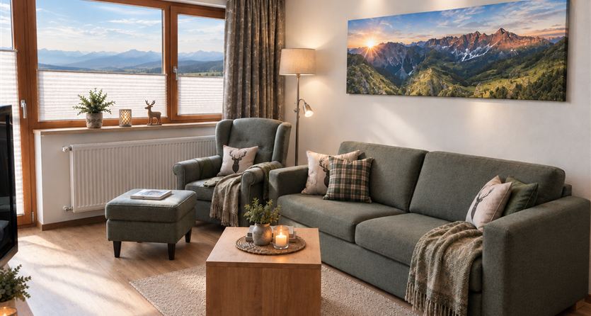 A cozy living room with a gray sofa and a wooden coffee table. In the background, the mountains and a clear sky are visible.