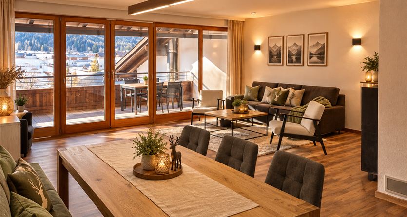 A modern living room with large windows and a view of the mountains. The room is comfortably furnished with a dining table and a seating area.