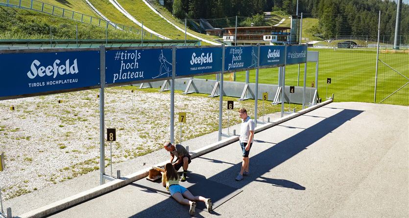 Drei Personen sind auf einem Sportgelände in Seefeld mit einem Hund beschäftigt. Im Hintergrund sind die Sportanlagen und die umliegenden Berge sichtbar.
