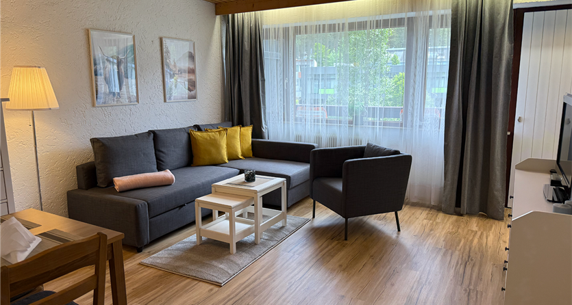 Een gezellige woonkamer met een grijze bank, een beige tapijt en een witte salontafel. Grote ramen zorgen voor veel daglicht en de decoratie is eenvoudig en modern.