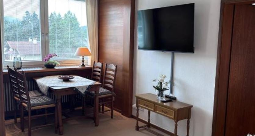Ein gemütlicher Wohnraum mit einem Essbereich und einem Fernseher an der Wand. Die großen Fenster bieten viel Tageslicht und einen Blick nach draußen.