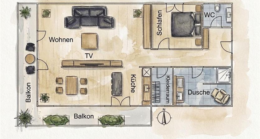 Een kleurrijke schets van een woonplan toont verschillende ruimtes. Te zien zijn een woonkamer, slaapkamer, keuken en badkamer met balkons.